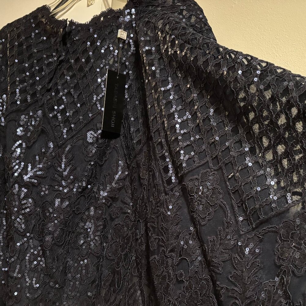 Tadashi Shoji Navy blue floral lace shimmering sequin Formal cover up/poncho - Picture 4 of 15